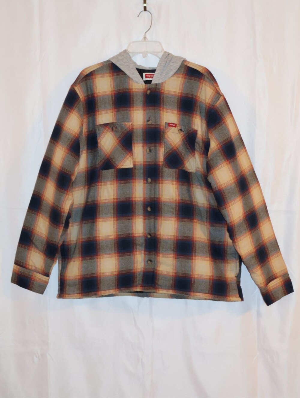 Wrangler Plaid Heavyweight Hooded Flannel Shirt Jacket-Blue Nights. XL.